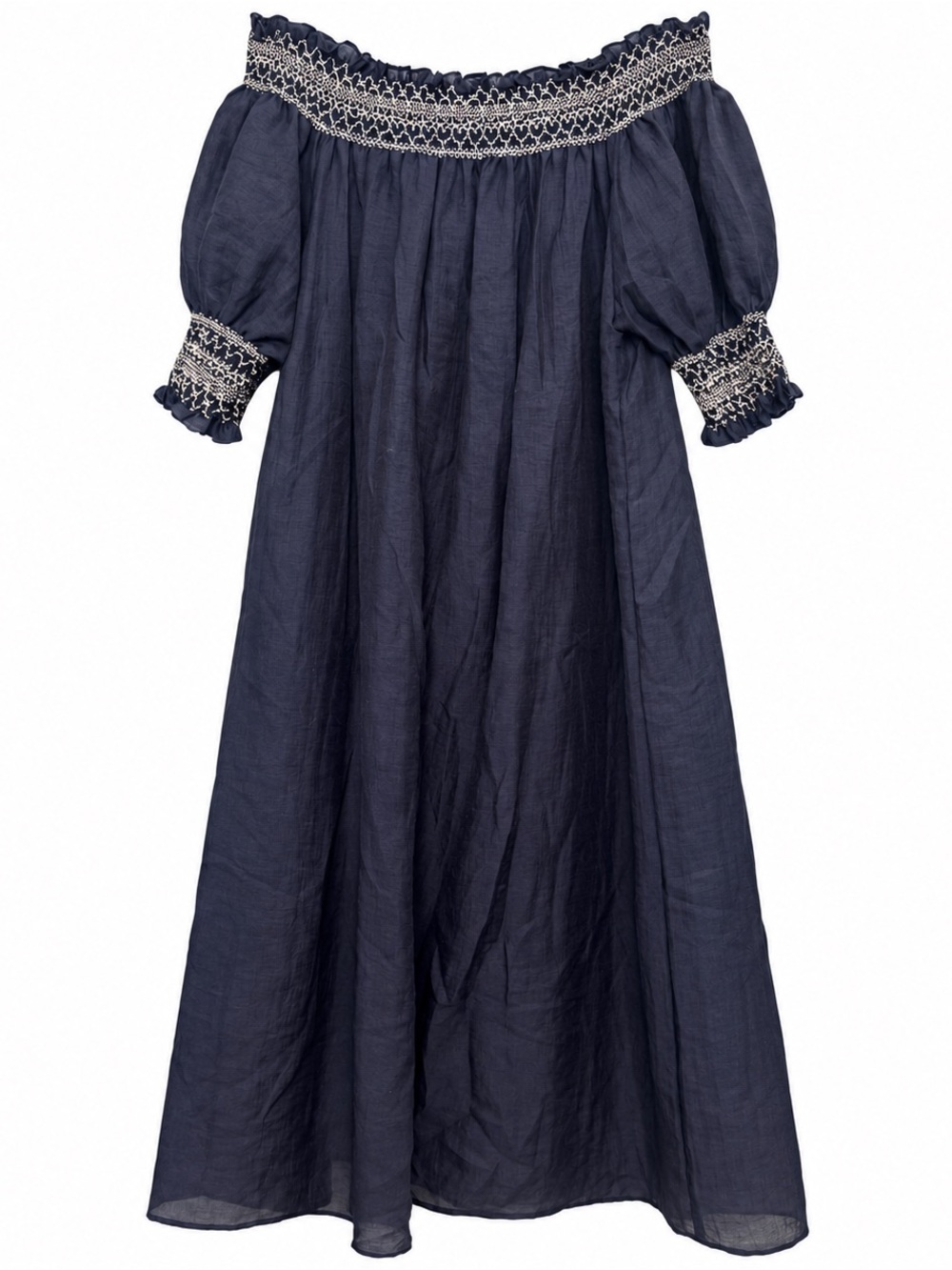 Darling London Navy Off-Shoulder Embroidered Cotton Linen Dress Size 6 Bohemian